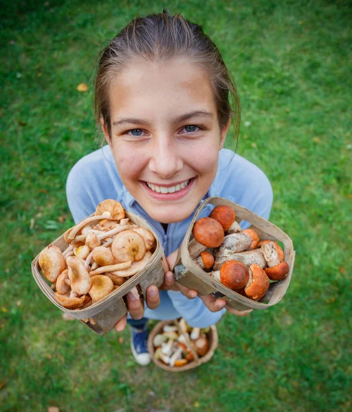 Милая девушка с дикими грибами найдена в лесу — стоковое фото