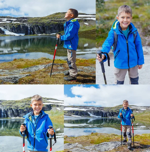 Collage von Bildern süßer Junge mit Wanderausrüstung in den Bergen — Stockfoto