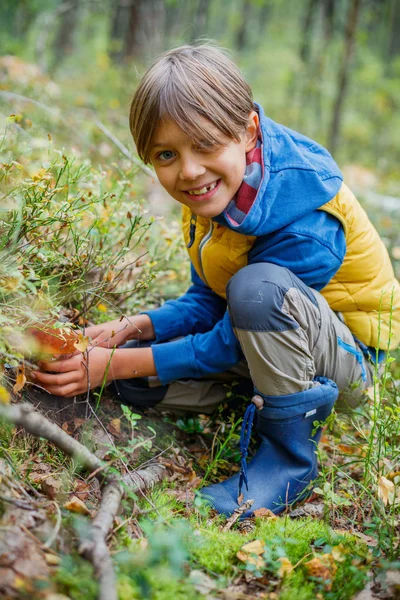 Çocuk ormanda bulunan yabani mantar ile
