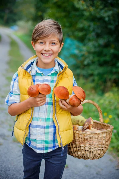 Cute boy with wild mushroom found in the forest — Stock Photo, Image