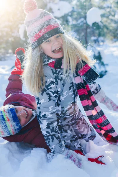 Kinderen spelen grote sneeuw in de winter. — Stockfoto