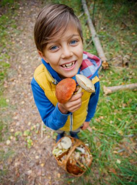 Sevimli çocuk ormanda bulunan yabani mantar ile