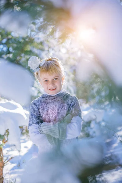 겨울 동화입니다. 아름 다운 소녀는 눈 덮인 숲에서 산책 — 스톡 사진