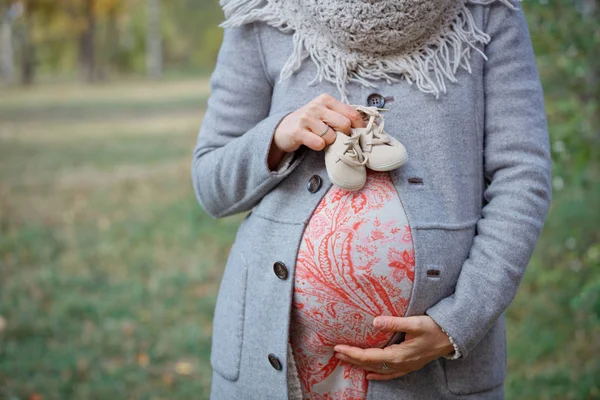 Piękna kobieta w ciąży w jesieni. — Zdjęcie stockowe