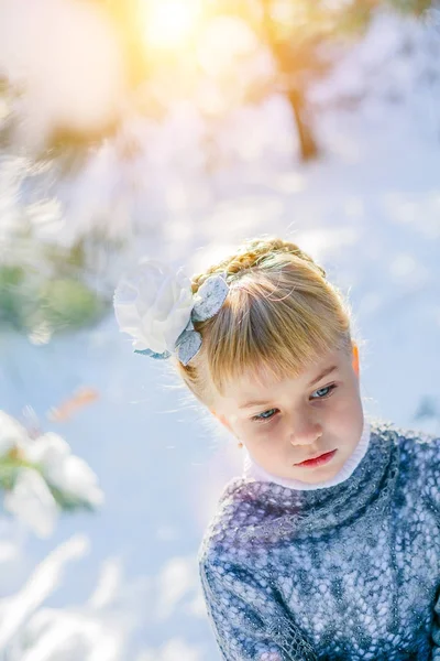 Cuento de hadas de invierno. Hermosa niña está caminando en un bosque nevado —  Fotos de Stock