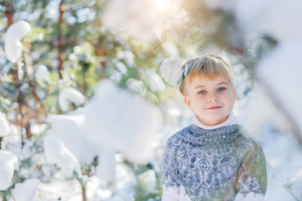 Cuento de hadas de invierno. Hermosa niña está caminando en un bosque nevado —  Fotos de Stock