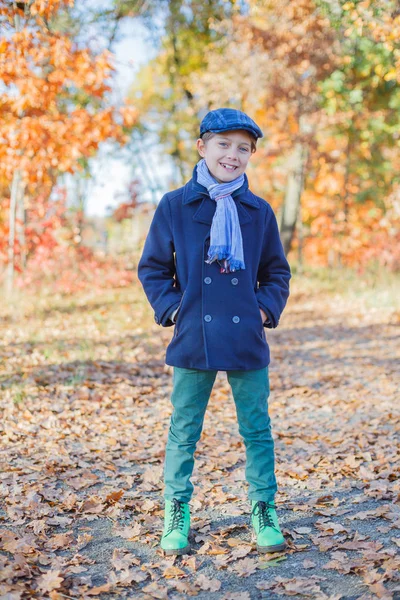 Schattige kleine jongen jongen genieten in herfst park. — Stockfoto