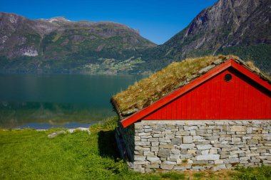 Bir çim üzerinde bir çatı ile ulusal Norveç küçük ev