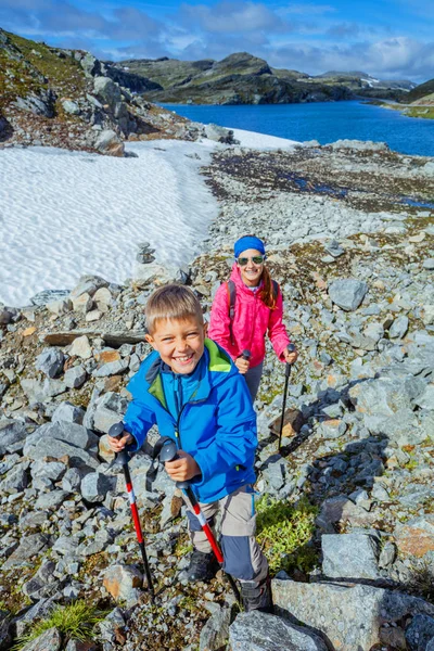 Lindo chico y su hermana con equipo de senderismo en las montañas —  Fotos de Stock