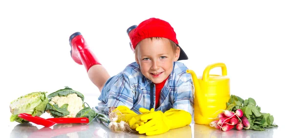 Симпатичный маленький мальчик с сенсацией, свежими органическими овощами и лейкой банкой — стоковое фото