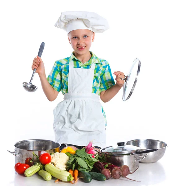 Little Girl Chef cook with fresh vegetables — Stock Photo, Image