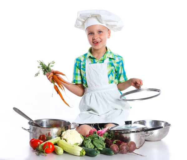 Little Girl Chef cook with fresh vegetables — Stock Photo, Image