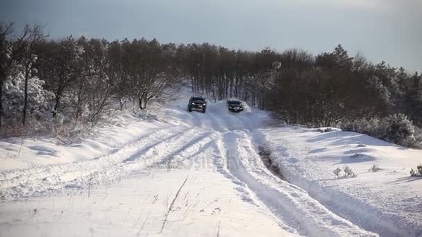 Két Suv Autó Megy Havas Úton — Stock videók