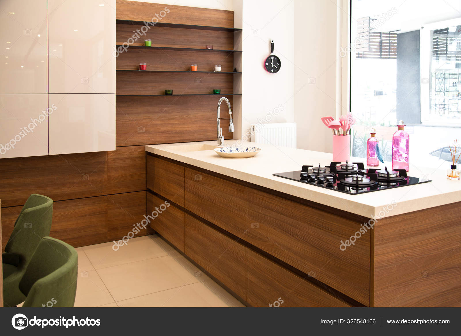interior of modern kitchen, white and walnut cabinets stock photo