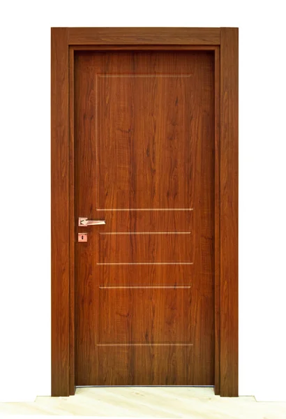 Puerta de madera delantera marrón moderna en el interior de la casa —  Fotos de Stock