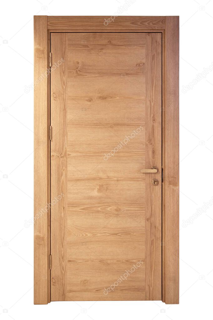 Modern beige front wooden door in house interior