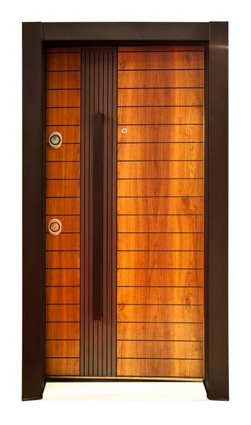 Modern wooden looking steel door, front door — Stok fotoğraf