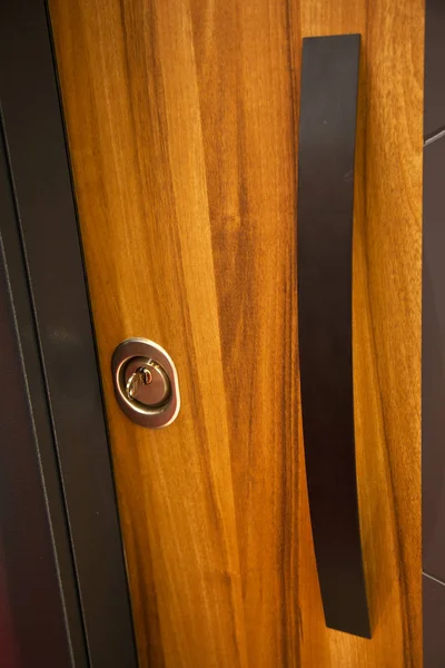 Modern wooden looking steel door, security lock system — Stock Photo, Image
