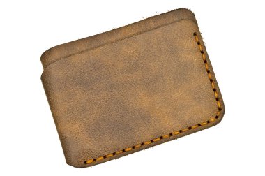 Kahverengi deri para cüzdanı, beyaz arka planda izole.