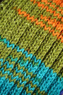 Handmade knitted fabric turquoise and green wool background text