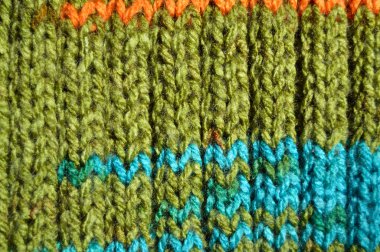 Handmade knitted fabric turquoise and green wool background text