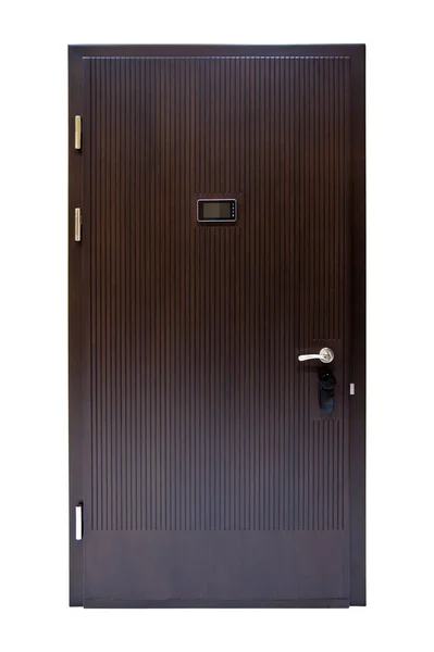 Modern wooden looking steel door, electronic security lock syste — Stock Photo, Image