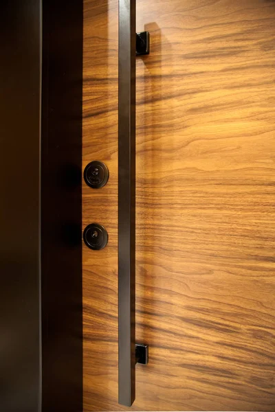 Modern wooden looking steel door, security lock system — Stok fotoğraf