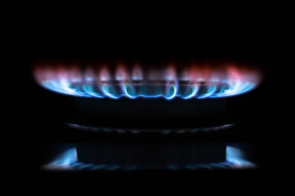 Gas Stove Burning Kitchen Blue Flames Isolated Black Background — Stock Photo, Image