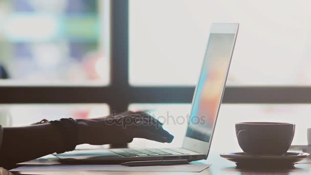 Mujer joven freelancer escribiendo en el ordenador portátil — Vídeos de Stock