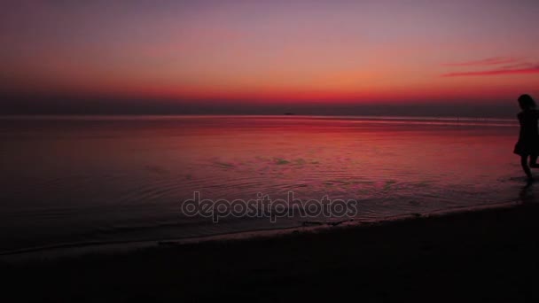 Siluetas de dos chicas corriendo por la playa al atardecer en cámara lenta — Vídeos de Stock