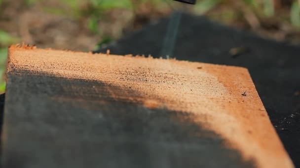 Heimwerker verbrennt Holzbohlen — Stockvideo