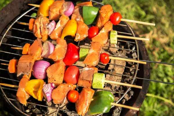 Asar la carne sobre las brasas en una barbacoa portátil — Foto de Stock