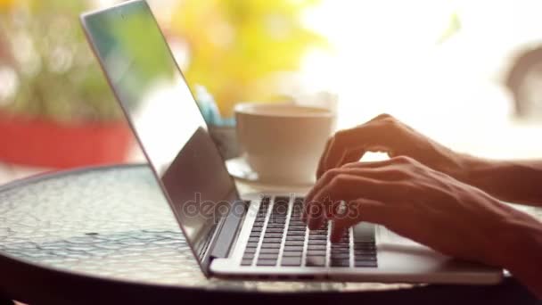 Närbild av manliga händer använder laptop på café — Stockvideo