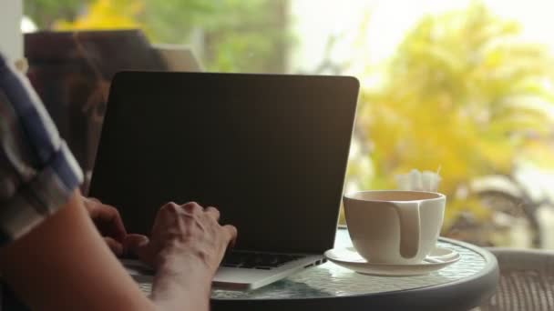 Close-up de mãos masculinas usando laptop no café — Vídeo de Stock