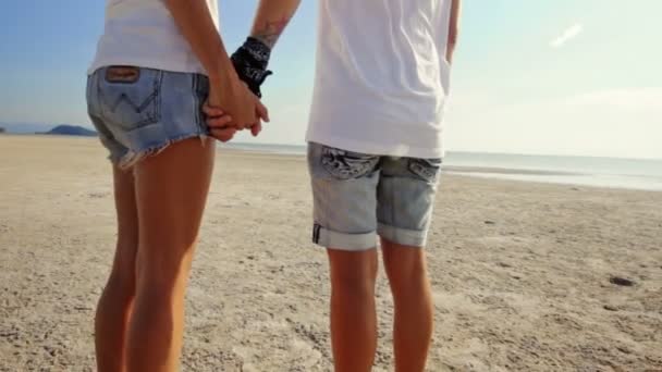 Pareja lesbiana caminando en la playa — Vídeos de Stock