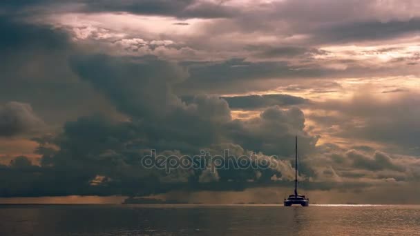 Sail ship on the sea at sunset time lapse — Stock Video