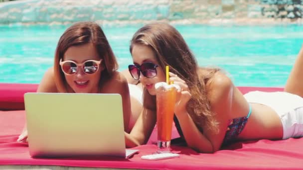 Две молодые взрослые женщины работают над ноутбуком вместе — стоковое видео
