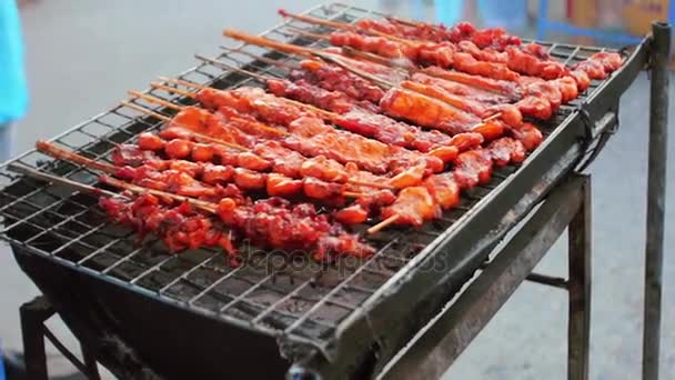 Bbq fried meat on sticks at the street. street food — Stock Video