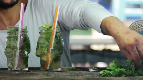 Bartender put mint in mojito cocktail — Stock Video