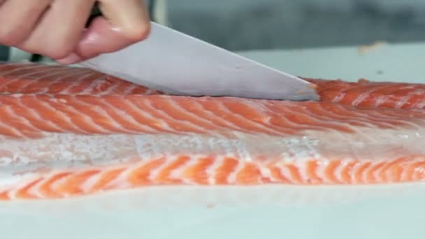 Szef kuchni cięcia łososia, przygotowanie łososia — Wideo stockowe
