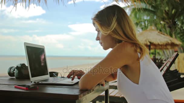 年轻女子自由职业者坐在日光浴浴床与一台笔记本电脑 — 图库视频影像