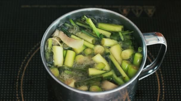 Pot plein de citronnelle dans l'eau bouillante sur la cuisinière à induction — Video