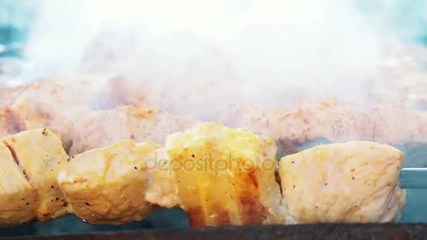 Cuisson barbecue shashlik viande rôtissage sur brochettes en brasero à l'extérieur — Video