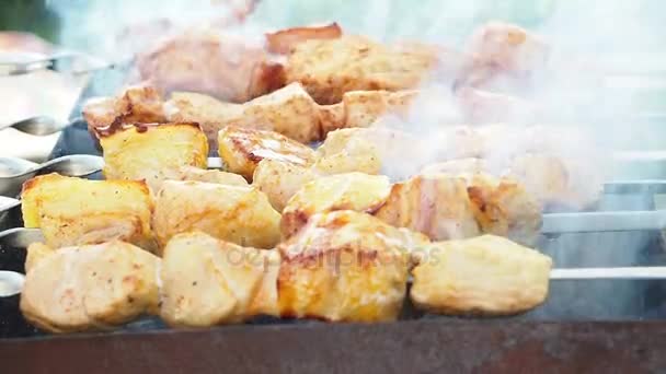 Приготовление мяса шашлык на шашлыках в жаровне на открытом воздухе — стоковое видео
