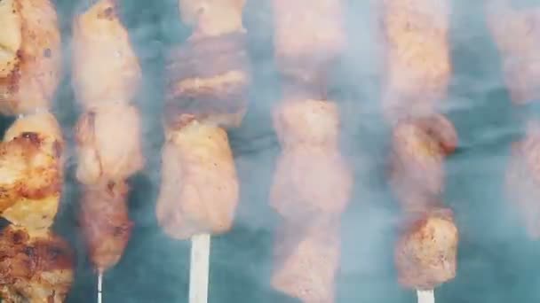 Cocinar barbacoa shashlik carne asado en pinchos en brasero al aire libre — Vídeos de Stock