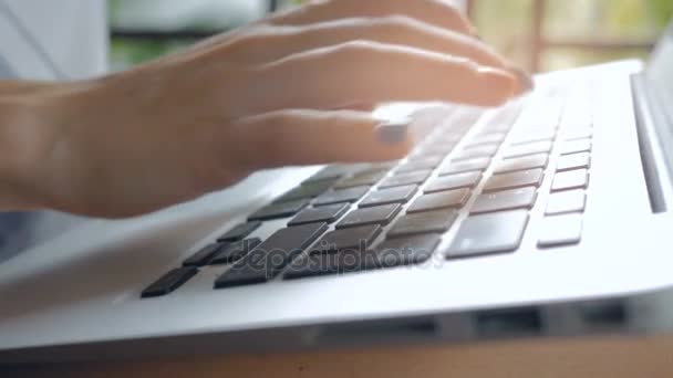 Девушка печатает на клавиатуре ноутбука в теплый солнечный день, экстремально близко — стоковое видео