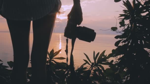 Κορίτσι φωτογράφηση στο ηλιοβασίλεμα με τη φωτογραφική μηχανή Dslr — Αρχείο Βίντεο