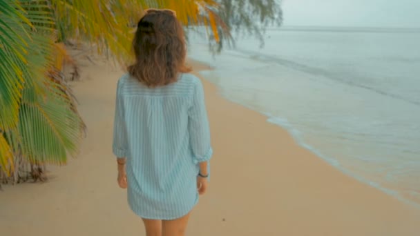 Женщина, идущая по пляжу, замедленная съемка, устойчивый снимок — стоковое видео