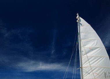 Yelkenli tekne, katamaran, mavi su ile tropik sahilde