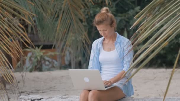 Woman freelancer works on the beach — Stock Video